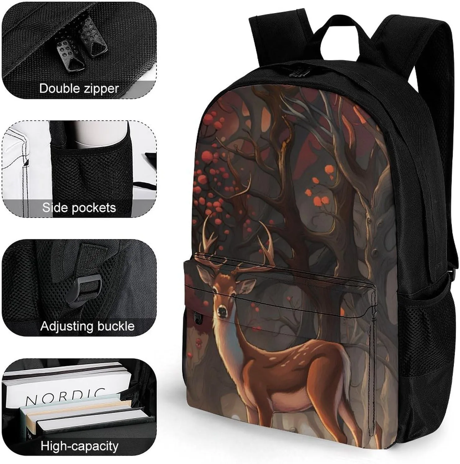 Men Women Lightweight Deer Art Backpack Large Capacity Carry On Bag With Padded Straps for Sports Work Walking Cycling