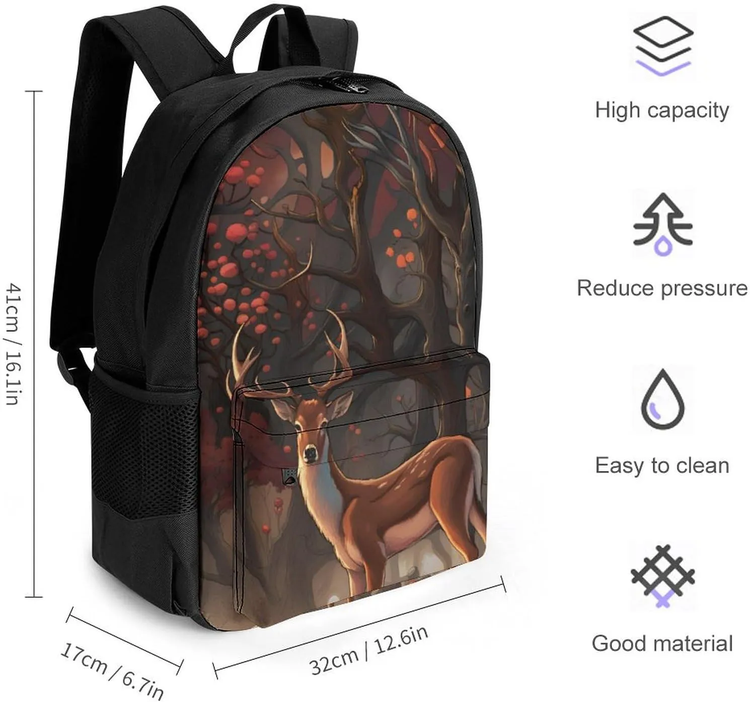 Men Women Lightweight Deer Art Backpack Large Capacity Carry On Bag With Padded Straps for Sports Work Walking Cycling