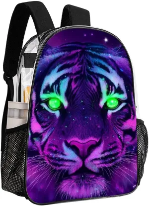 Men Women Lightweight Fantasy Purple Galaxy Sky Tiger Art Backpack Large Capacity Carry On Bag Transparent Bag for Sports Work Walking Cycling