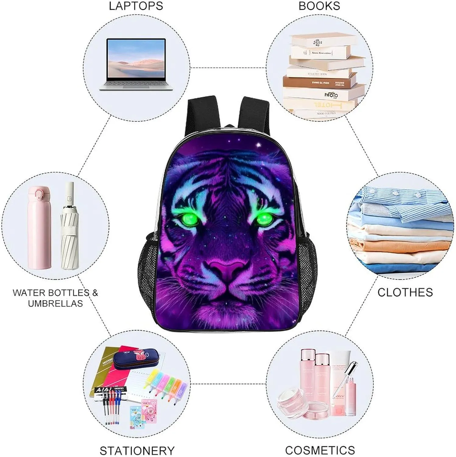 Men Women Lightweight Fantasy Purple Galaxy Sky Tiger Art Backpack Large Capacity Carry On Bag Transparent Bag for Sports Work Walking Cycling