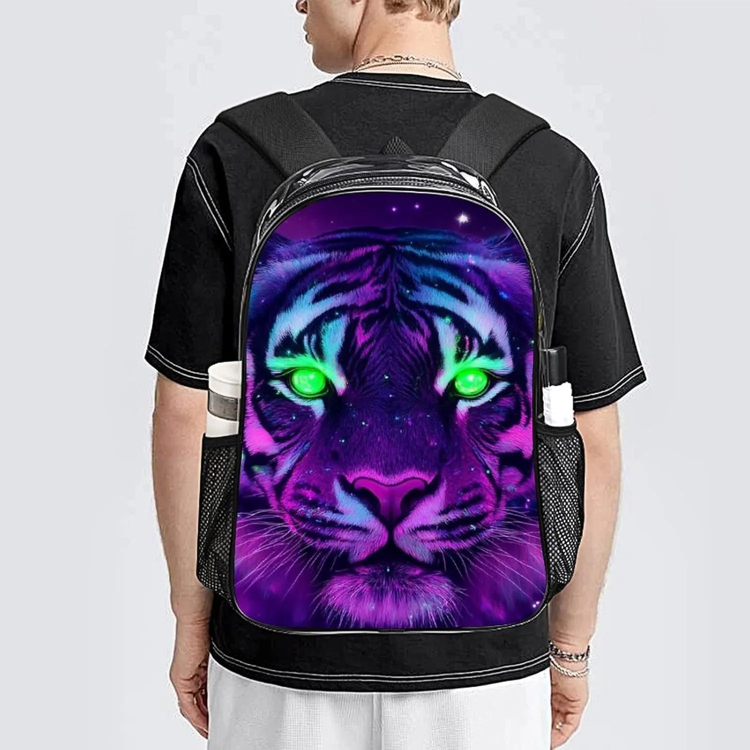Men Women Lightweight Fantasy Purple Galaxy Sky Tiger Art Backpack Large Capacity Carry On Bag Transparent Bag for Sports Work Walking Cycling