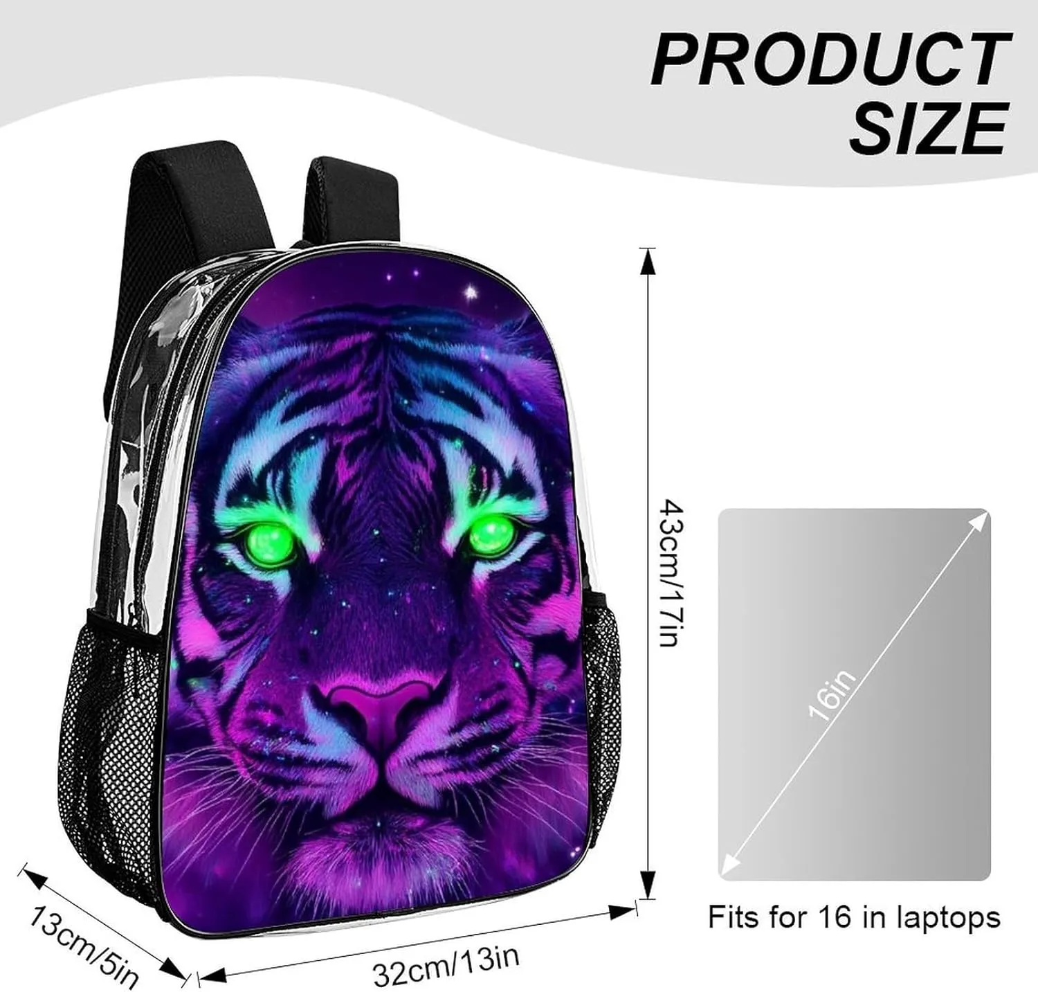 Men Women Lightweight Fantasy Purple Galaxy Sky Tiger Art Backpack Large Capacity Carry On Bag Transparent Bag for Sports Work Walking Cycling