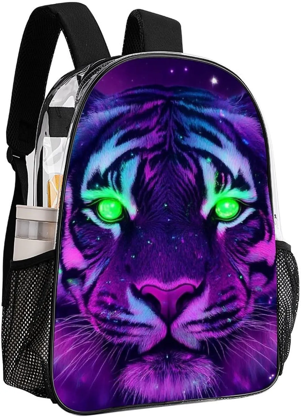 Men Women Lightweight Fantasy Purple Galaxy Sky Tiger Art Backpack Large Capacity Carry On Bag Transparent Bag for Sports Work Walking Cycling