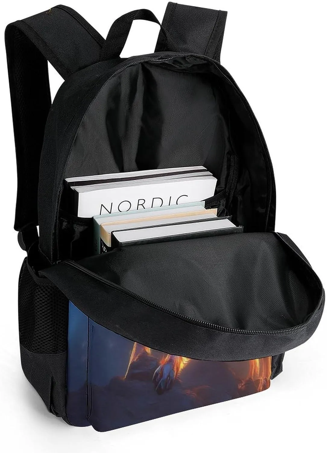 Men Women Lightweight Flame Fire Cool Wolf Art Casual Daypack Big Capacity Bookbag With Padded Straps for Gym Travel Walking Cycling