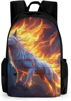 Men Women Lightweight Flame Fire Cool Wolf Art Casual Daypack Big Capacity Bookbag With Padded Straps for Gym Travel Walking Cycling