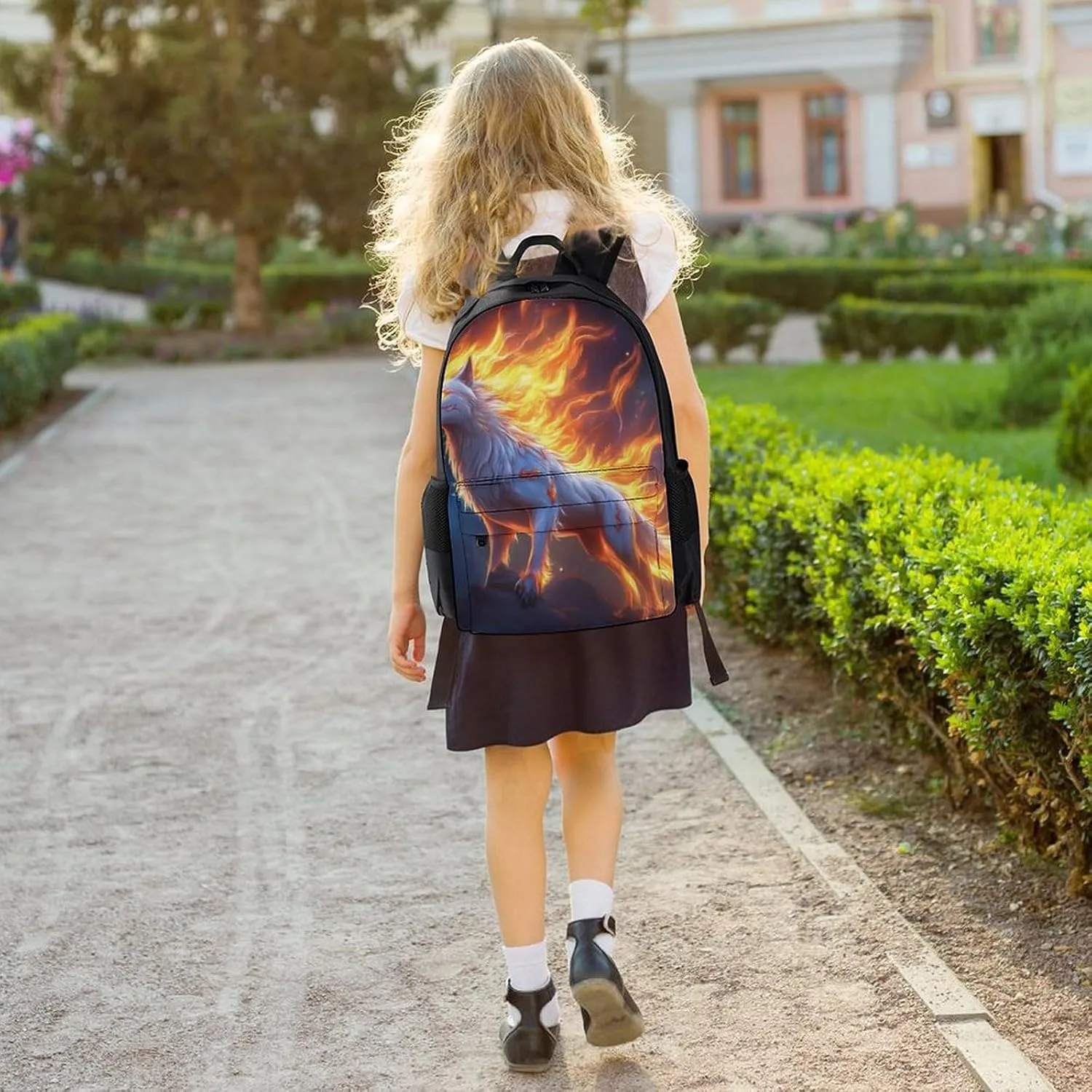Men Women Lightweight Flame Fire Cool Wolf Art Casual Daypack Big Capacity Bookbag With Padded Straps for Gym Travel Walking Cycling