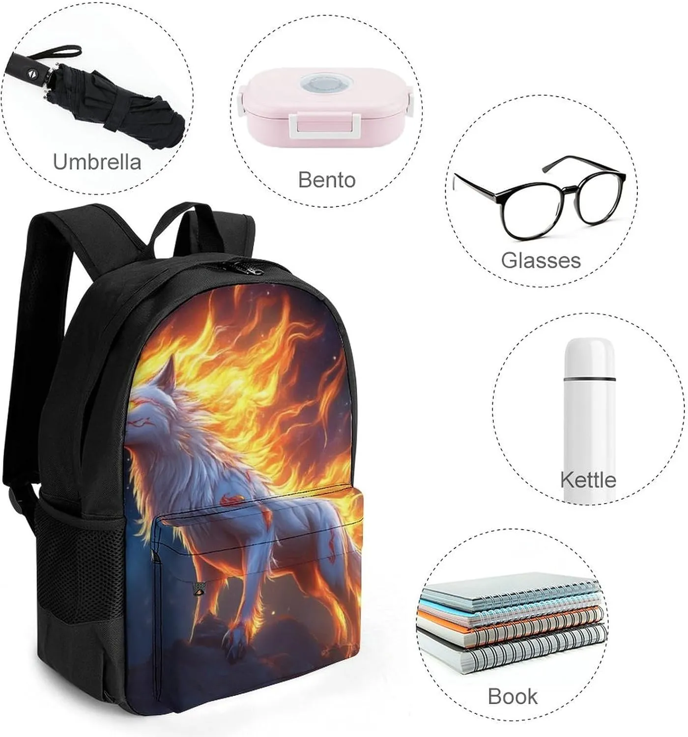 Men Women Lightweight Flame Fire Cool Wolf Art Casual Daypack Big Capacity Bookbag With Padded Straps for Gym Travel Walking Cycling