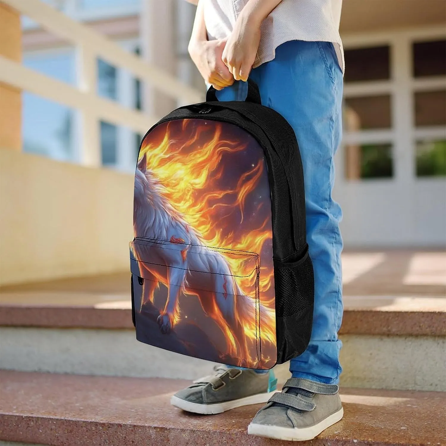Men Women Lightweight Flame Fire Cool Wolf Art Casual Daypack Big Capacity Bookbag With Padded Straps for Gym Travel Walking Cycling
