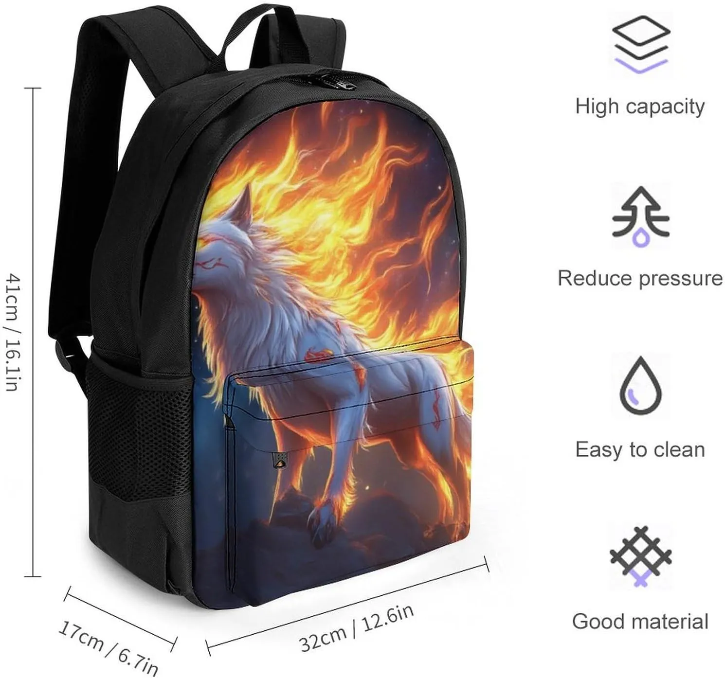Men Women Lightweight Flame Fire Cool Wolf Art Casual Daypack Big Capacity Bookbag With Padded Straps for Gym Travel Walking Cycling