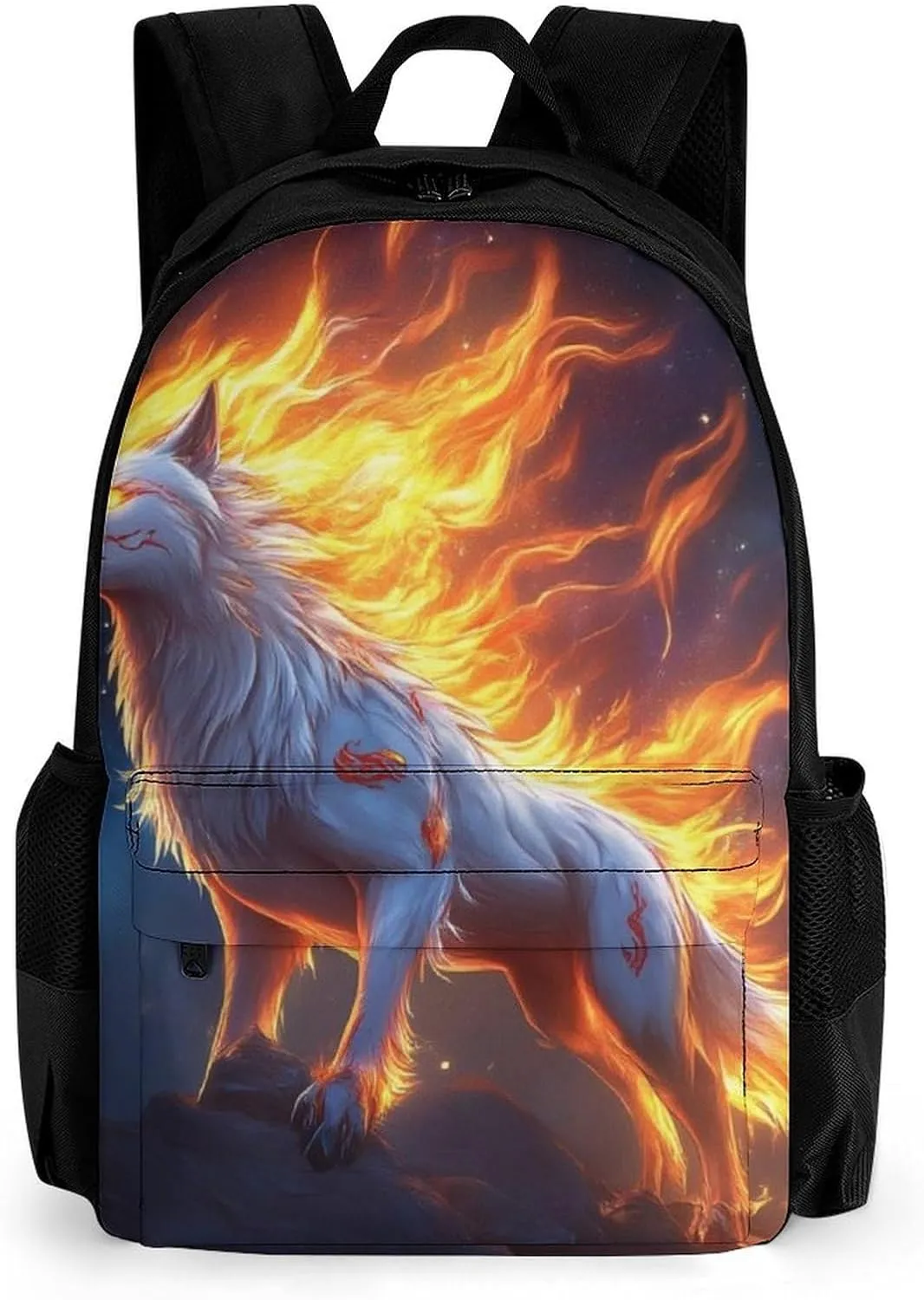 Men Women Lightweight Flame Fire Cool Wolf Art Casual Daypack Big Capacity Bookbag With Padded Straps for Gym Travel Walking Cycling