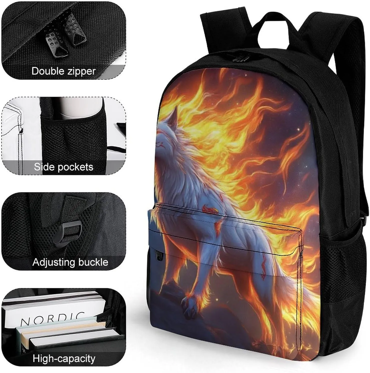 Men Women Lightweight Flame Fire Cool Wolf Art Casual Daypack Big Capacity Bookbag With Padded Straps for Gym Travel Walking Cycling