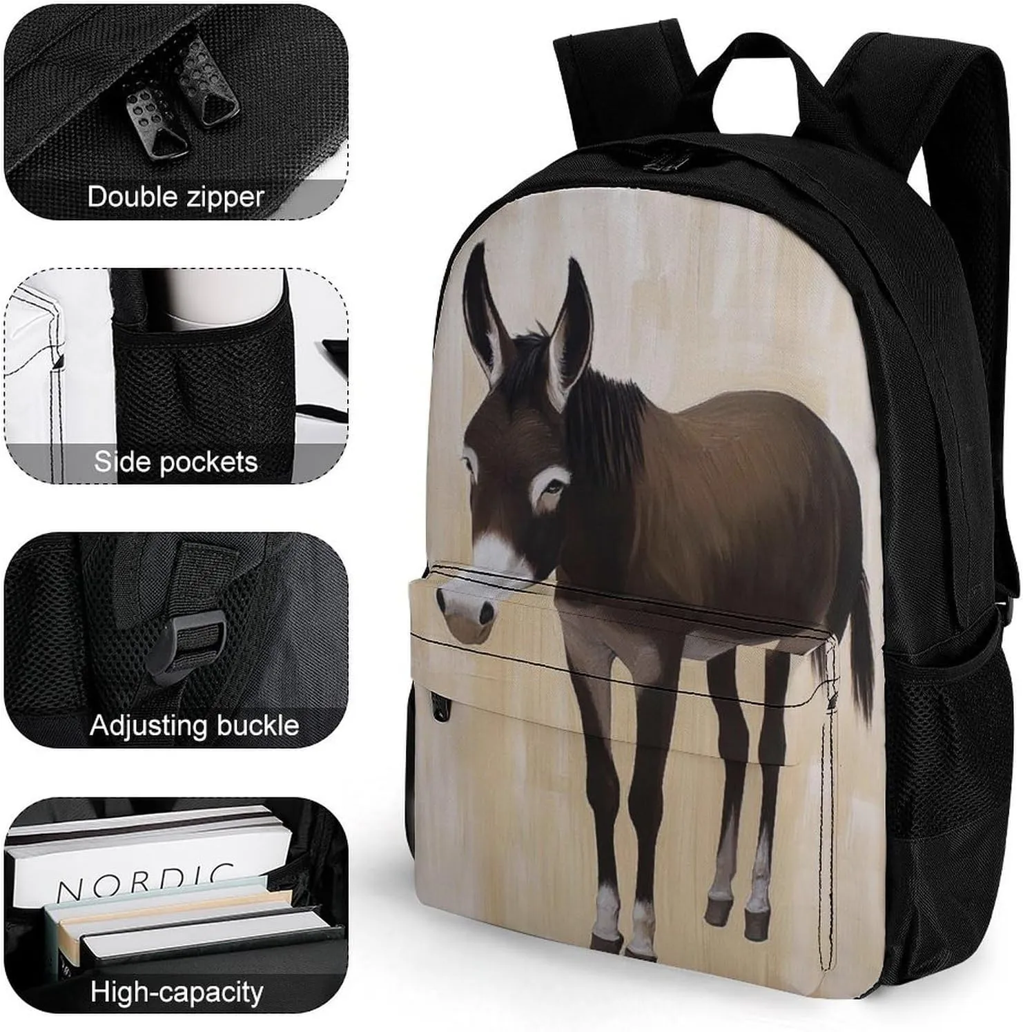 Men Women Lightweight Funny Black Donkey Backpack Large Capacity Bookbag With Smooth Zippers for Gym Business Running