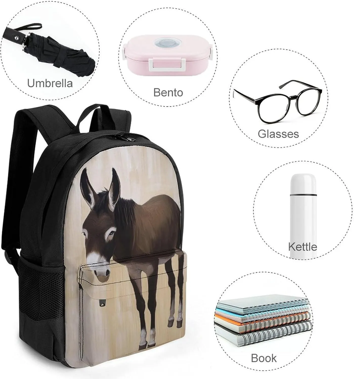 Men Women Lightweight Funny Black Donkey Backpack Large Capacity Bookbag With Smooth Zippers for Gym Business Running