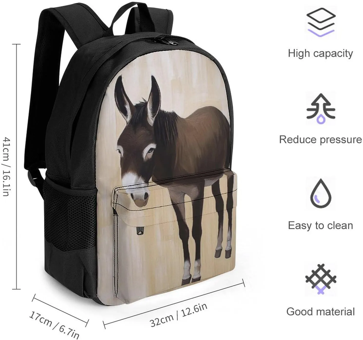 Men Women Lightweight Funny Black Donkey Backpack Large Capacity Bookbag With Smooth Zippers for Gym Business Running