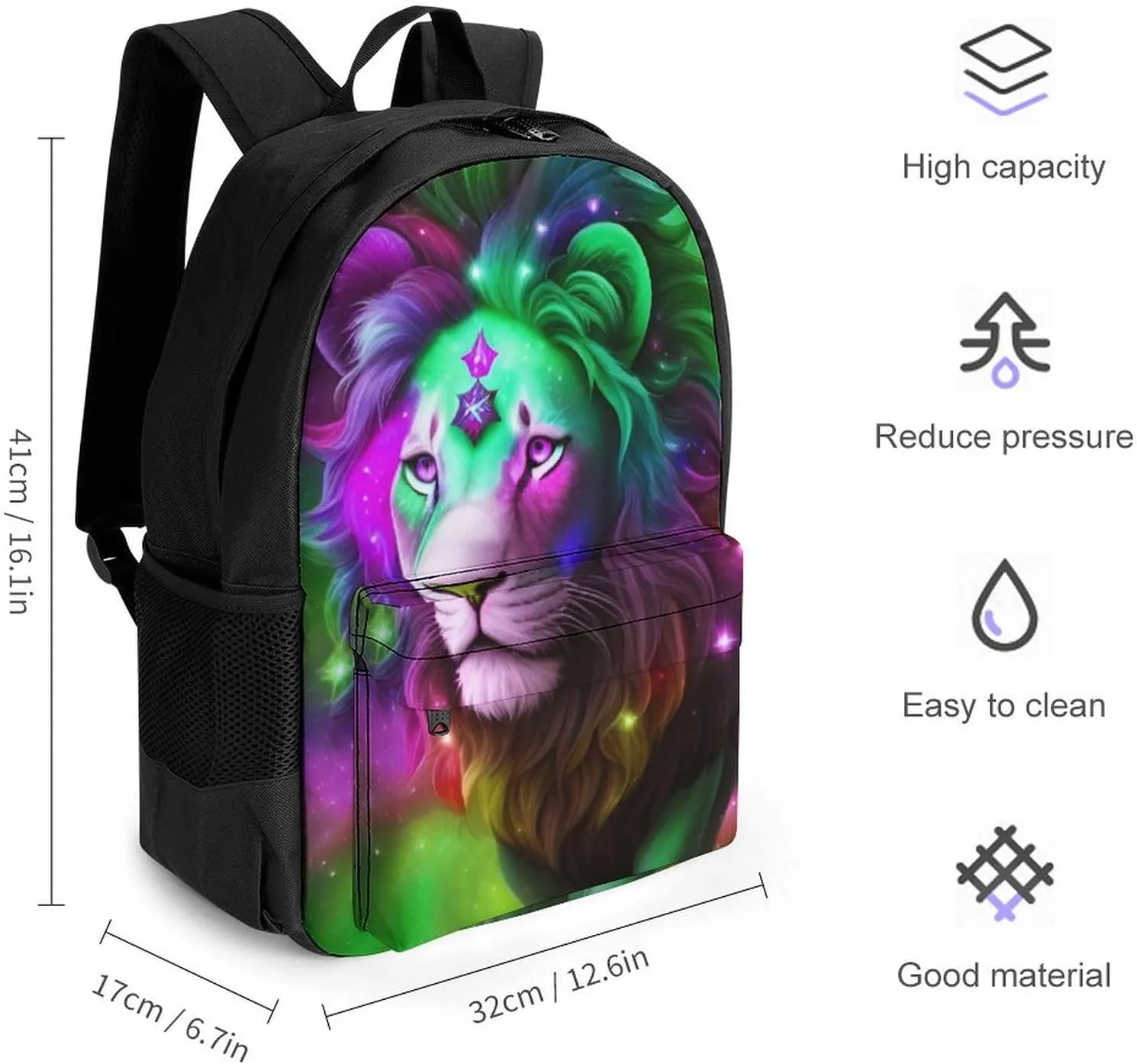 Men Women Lightweight Galaxy Lion King Star Art Daypack Bookbag Big Capacity Carry On Bag With Side Pockets for Camping Travel Bicycle
