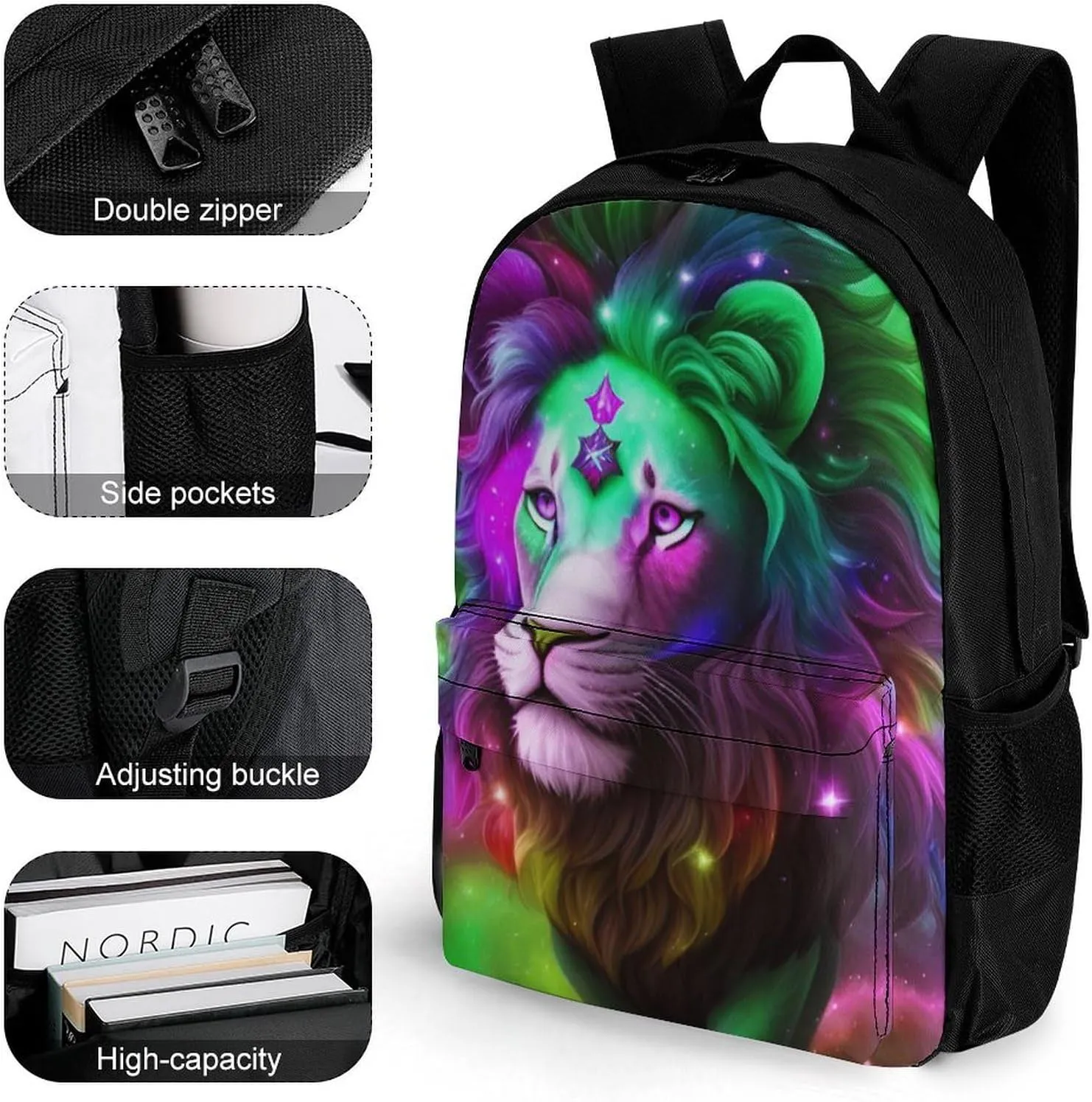 Men Women Lightweight Galaxy Lion King Star Art Daypack Bookbag Big Capacity Carry On Bag With Side Pockets for Camping Travel Bicycle
