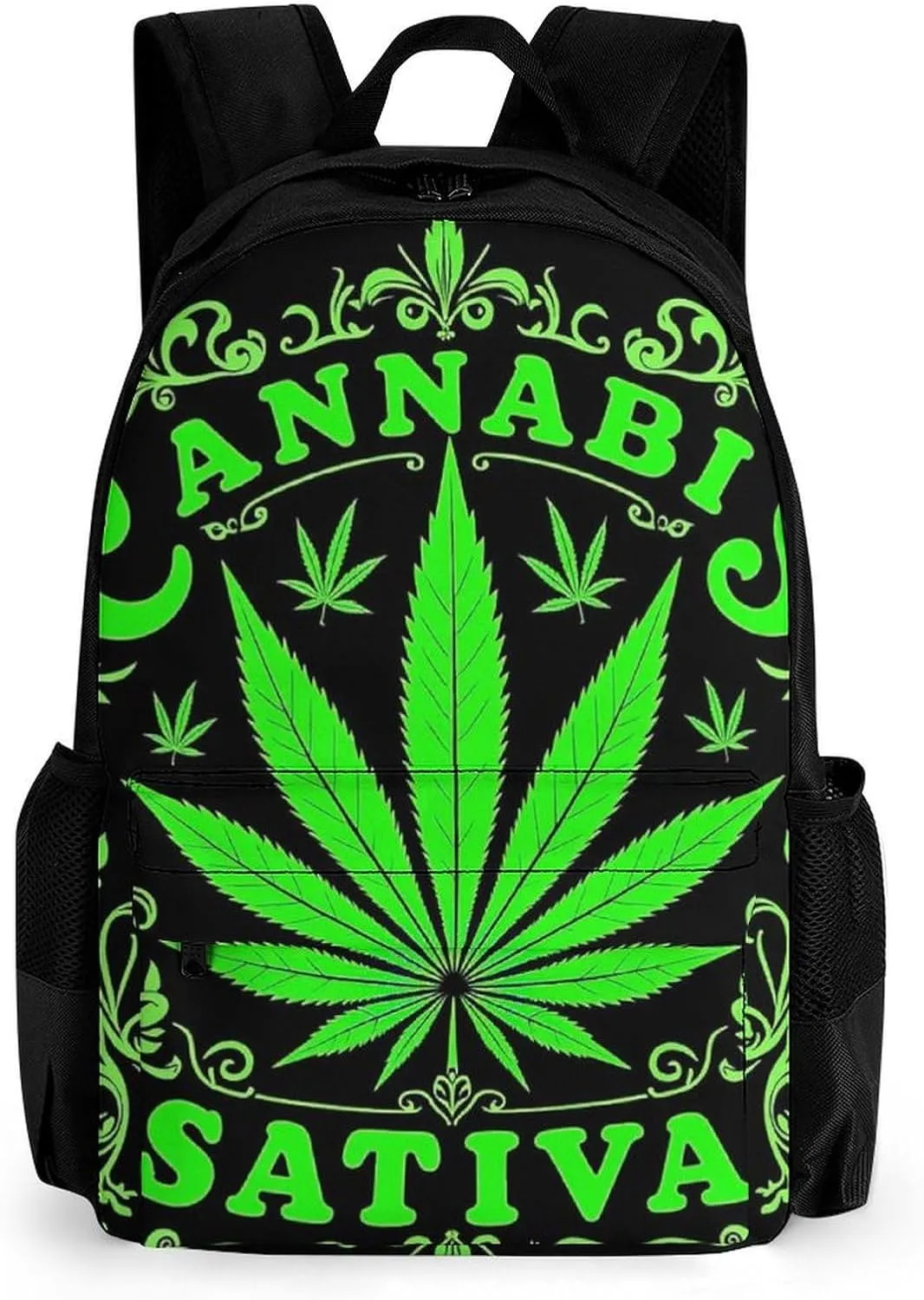 Men Women Lightweight Green Marijuanaweed Leaf Flag Art Daypack Bookbag Big Capacity Carry On Bag With Side Pockets for Camping Travel Bicycle