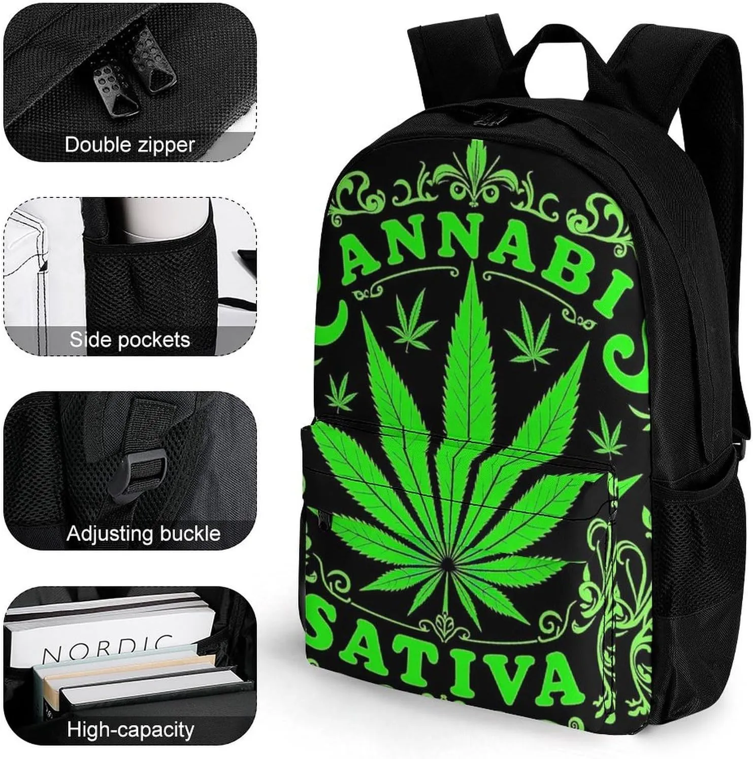 Men Women Lightweight Green Marijuanaweed Leaf Flag Art Daypack Bookbag Big Capacity Carry On Bag With Side Pockets for Camping Travel Bicycle