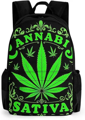 Men Women Lightweight Green Marijuanaweed Leaf Flag Art Daypack Bookbag Big Capacity Carry On Bag With Side Pockets for Camping Travel Bicycle