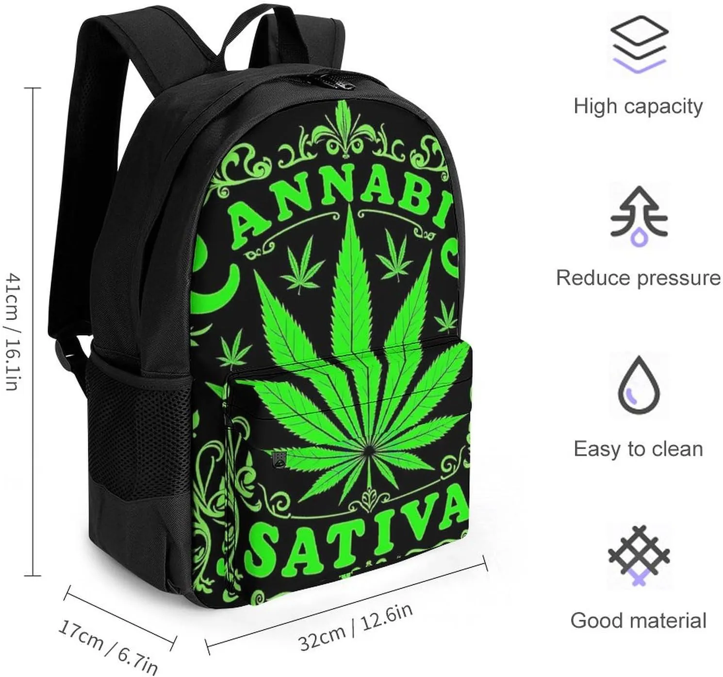 Men Women Lightweight Green Marijuanaweed Leaf Flag Art Daypack Bookbag Big Capacity Carry On Bag With Side Pockets for Camping Travel Bicycle
