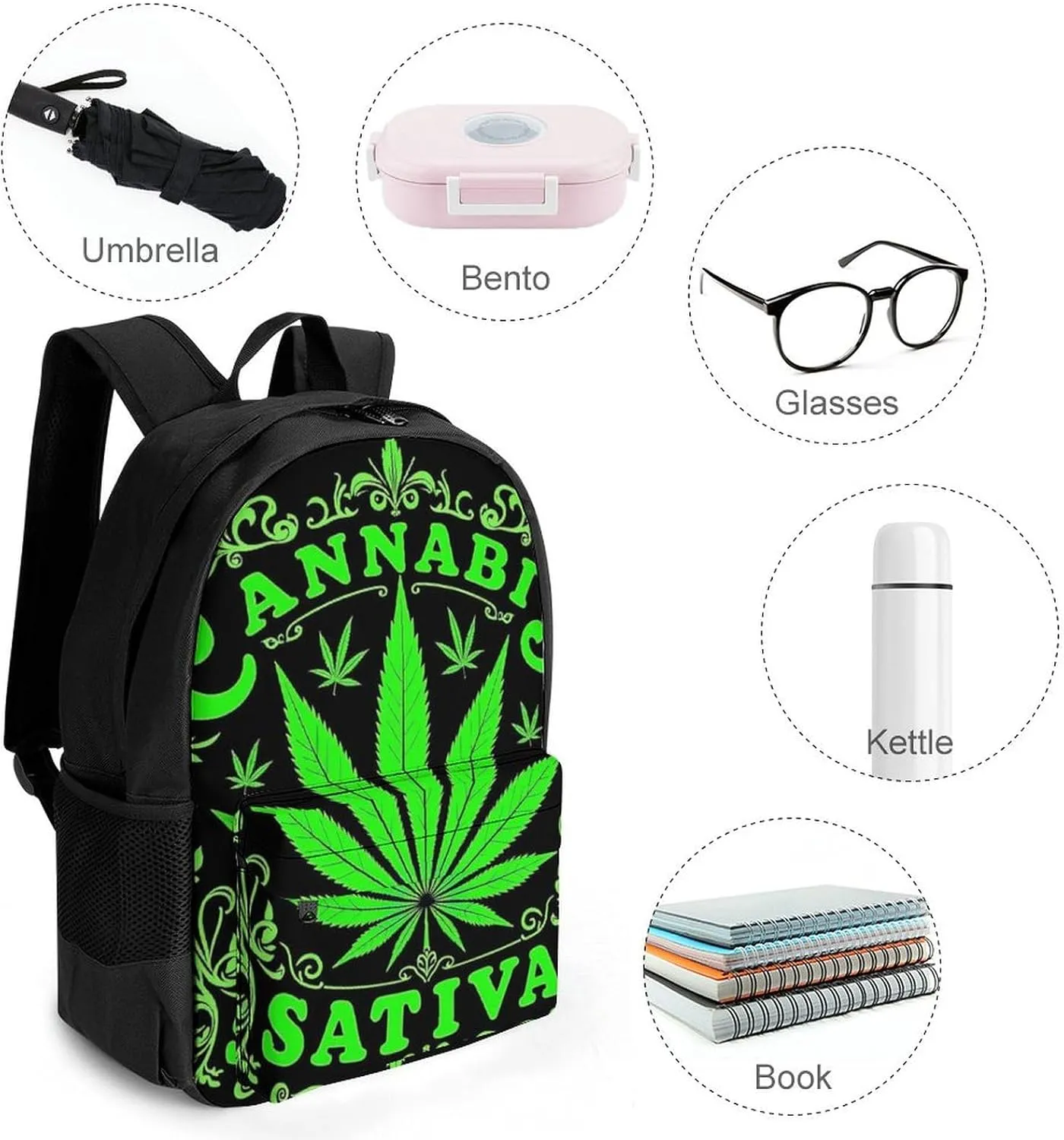 Men Women Lightweight Green Marijuanaweed Leaf Flag Art Daypack Bookbag Big Capacity Carry On Bag With Side Pockets for Camping Travel Bicycle