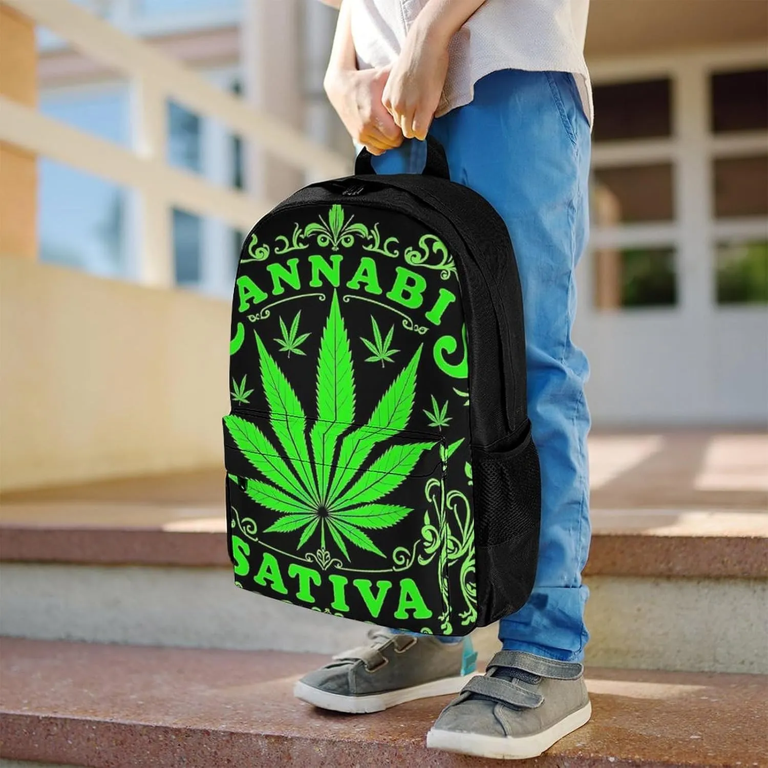 Men Women Lightweight Green Marijuanaweed Leaf Flag Art Daypack Bookbag Big Capacity Carry On Bag With Side Pockets for Camping Travel Bicycle