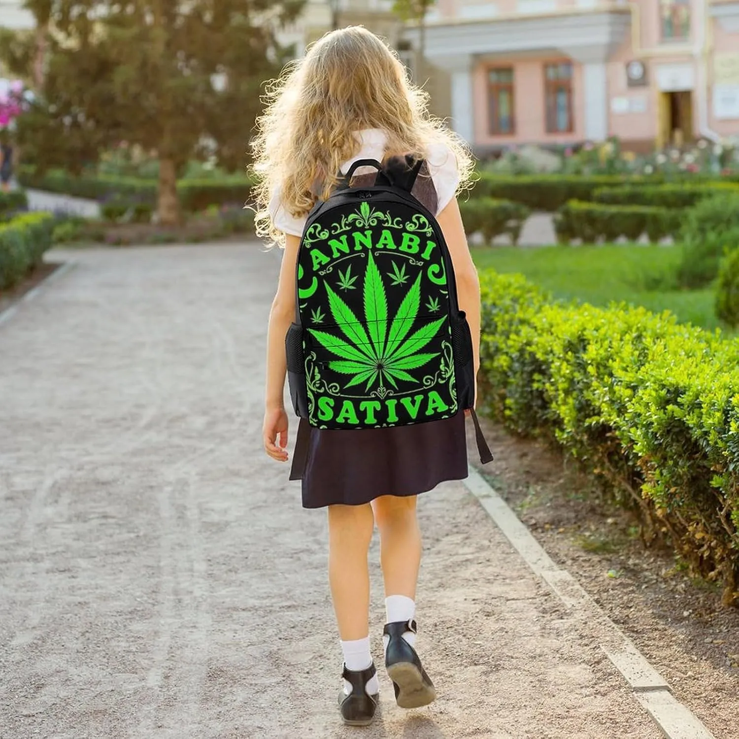 Men Women Lightweight Green Marijuanaweed Leaf Flag Art Daypack Bookbag Big Capacity Carry On Bag With Side Pockets for Camping Travel Bicycle