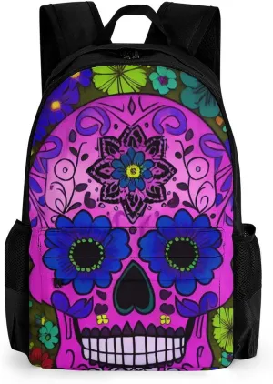 Men Women Lightweight Grunge Mexican Sugar Skulls Day Of The Dead Flowers Art Casual Daypack Big Capacity Bookbag With Padded Straps for Gym Travel Walking Cycling