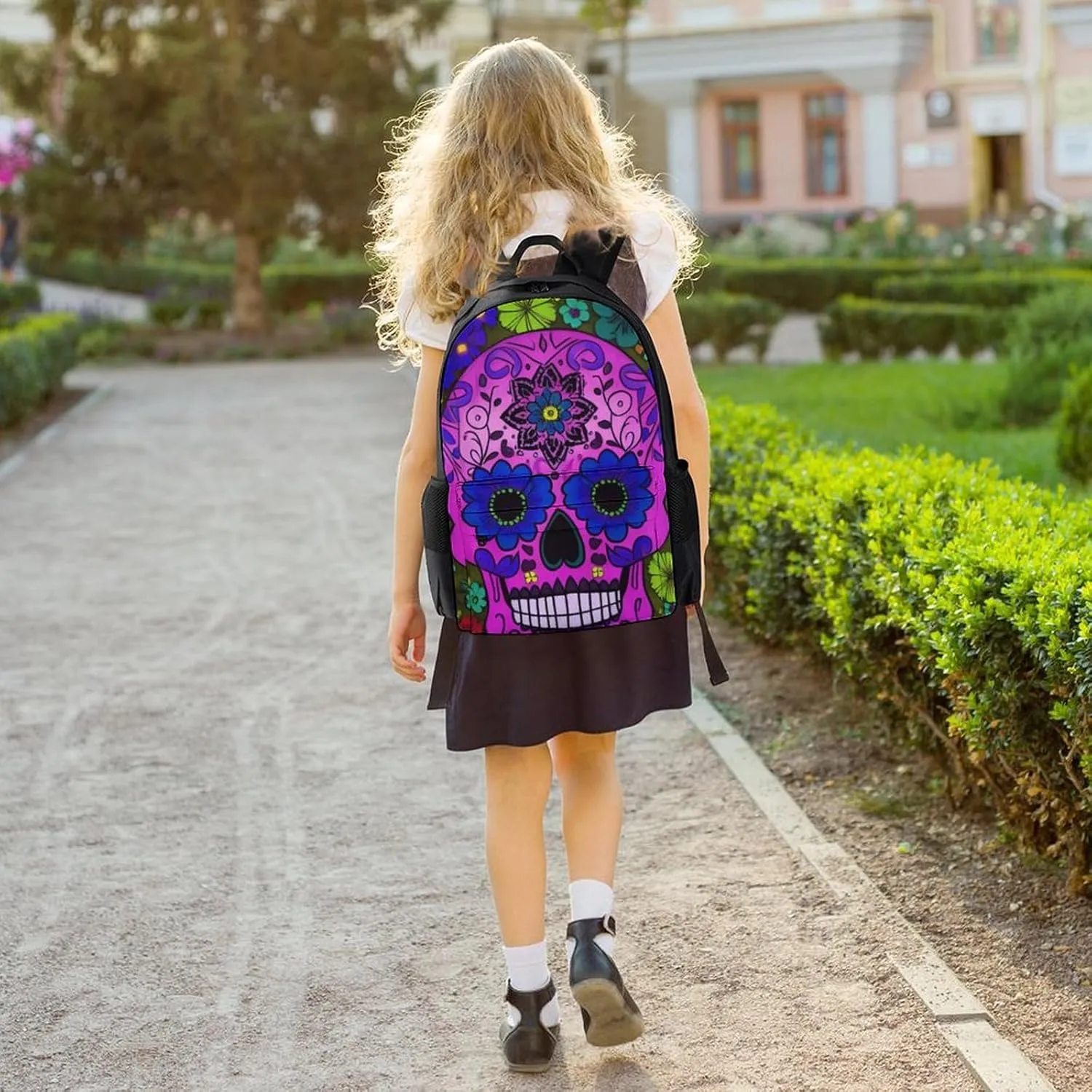 Men Women Lightweight Grunge Mexican Sugar Skulls Day Of The Dead Flowers Art Casual Daypack Big Capacity Bookbag With Padded Straps for Gym Travel Walking Cycling