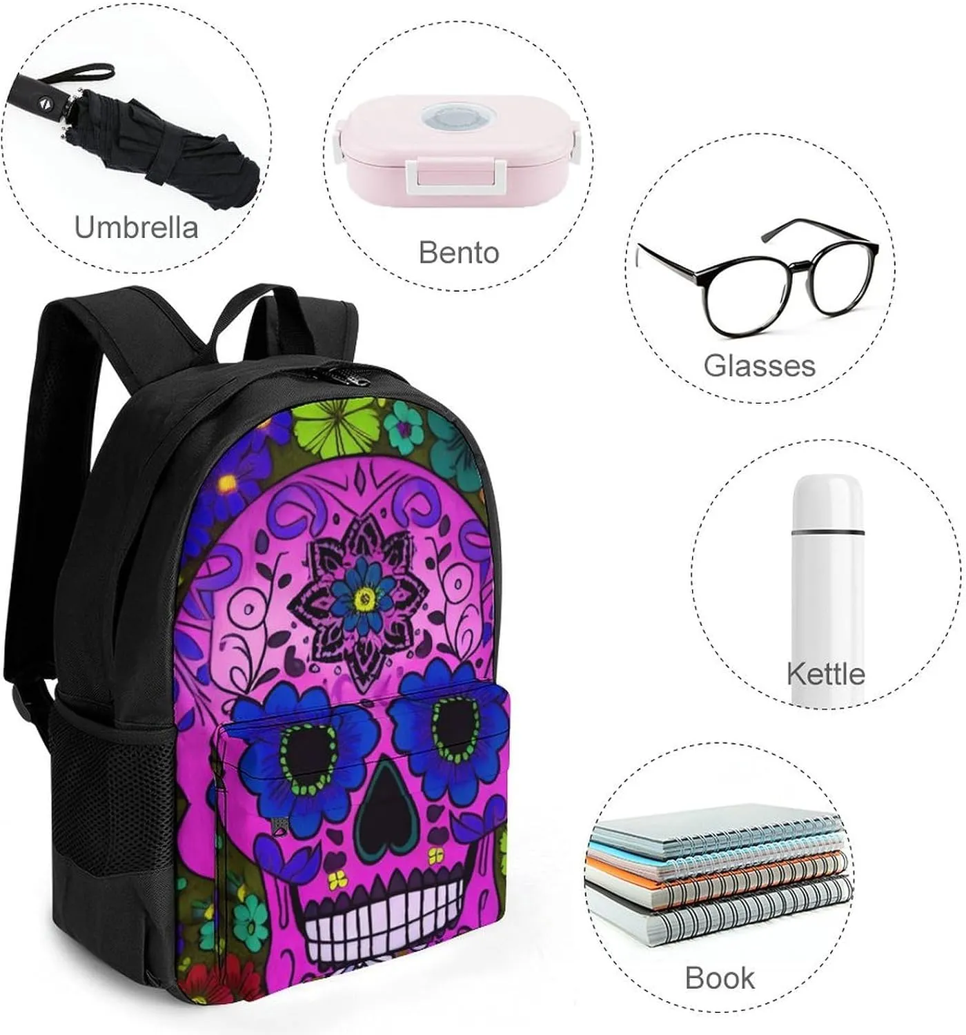 Men Women Lightweight Grunge Mexican Sugar Skulls Day Of The Dead Flowers Art Casual Daypack Big Capacity Bookbag With Padded Straps for Gym Travel Walking Cycling
