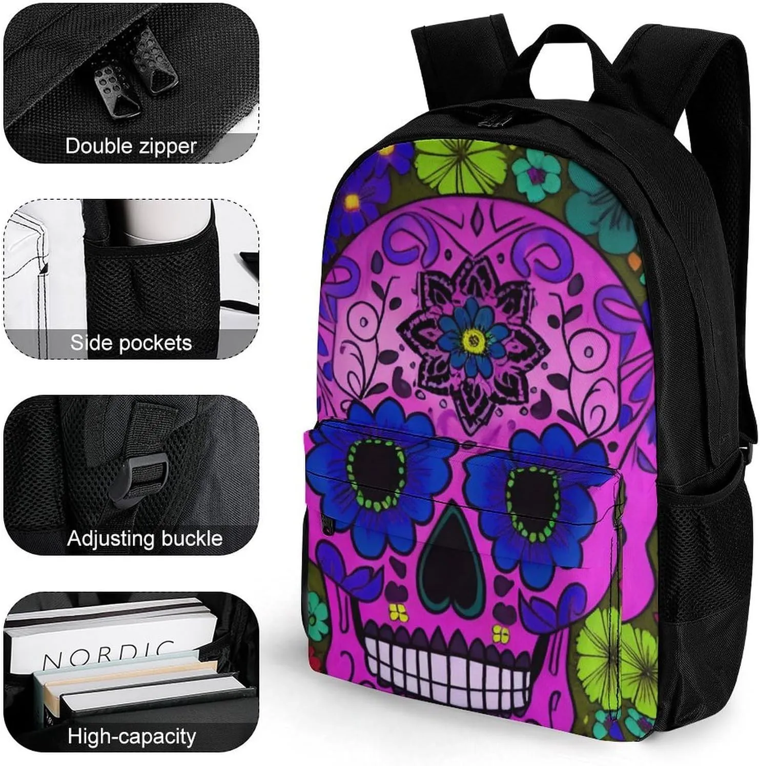 Men Women Lightweight Grunge Mexican Sugar Skulls Day Of The Dead Flowers Art Casual Daypack Big Capacity Bookbag With Padded Straps for Gym Travel Walking Cycling