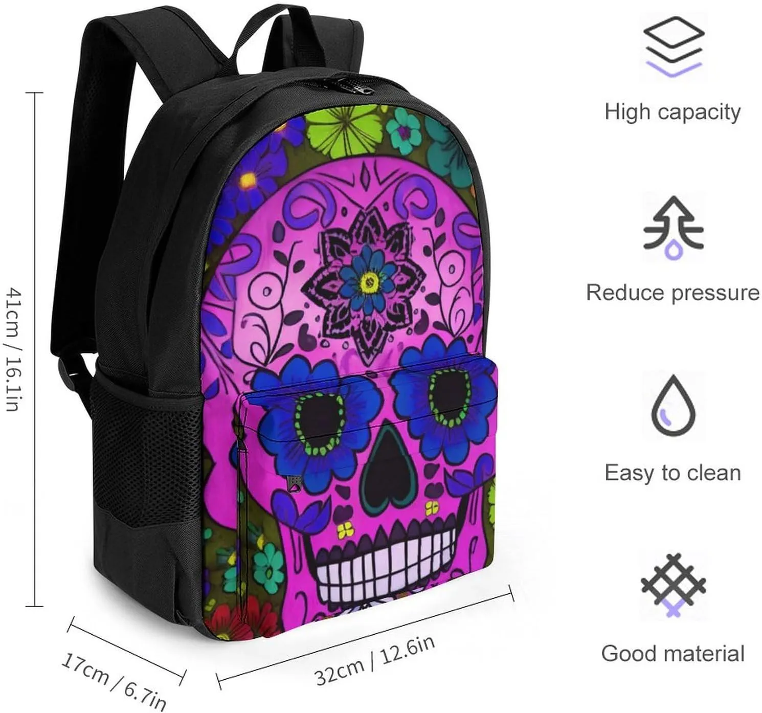 Men Women Lightweight Grunge Mexican Sugar Skulls Day Of The Dead Flowers Art Casual Daypack Big Capacity Bookbag With Padded Straps for Gym Travel Walking Cycling