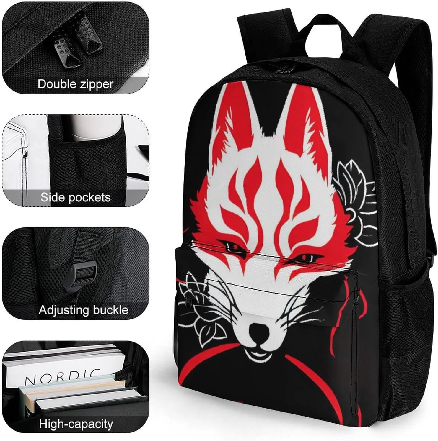 Men Women Lightweight Japanese Kitsune Mask Art Backpack Large Capacity Bookbag With Smooth Zippers for Gym Business Running