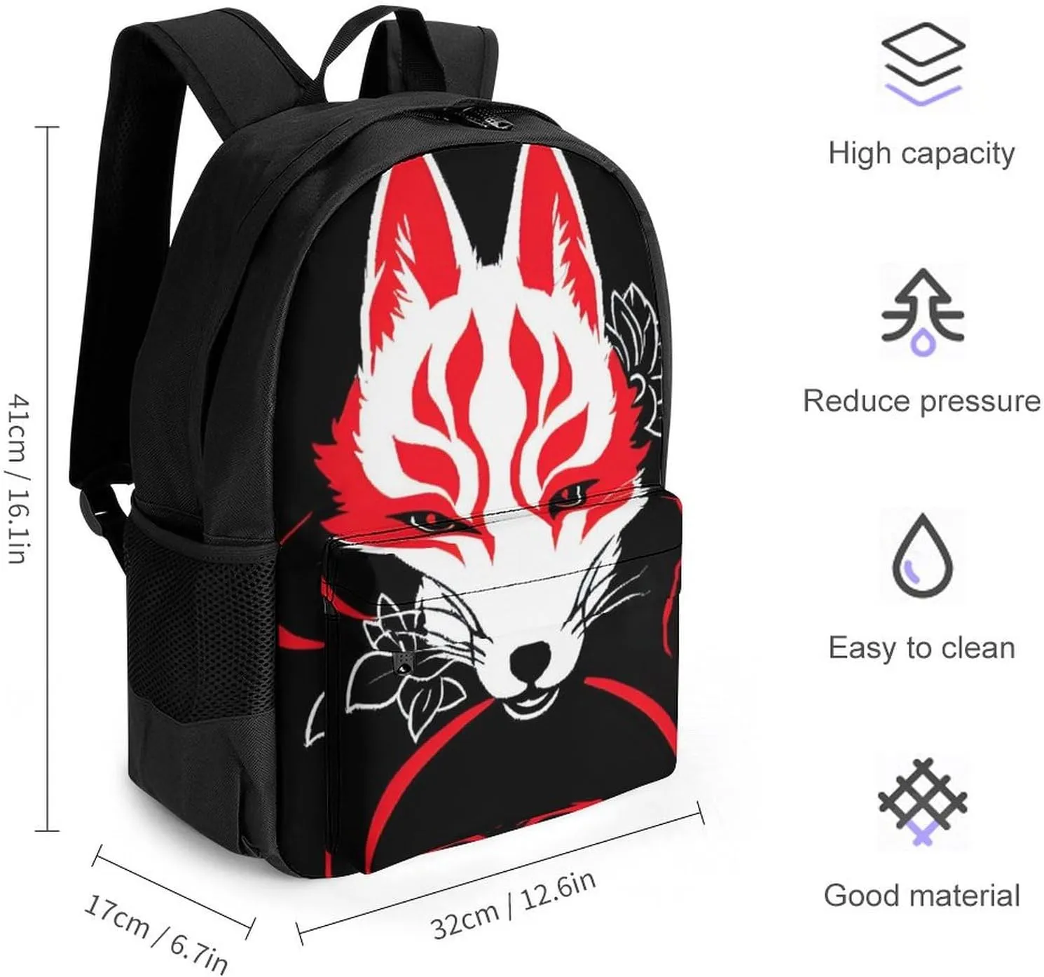 Men Women Lightweight Japanese Kitsune Mask Art Backpack Large Capacity Bookbag With Smooth Zippers for Gym Business Running