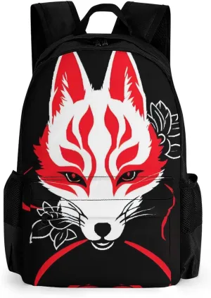 Men Women Lightweight Japanese Kitsune Mask Art Backpack Large Capacity Bookbag With Smooth Zippers for Gym Business Running