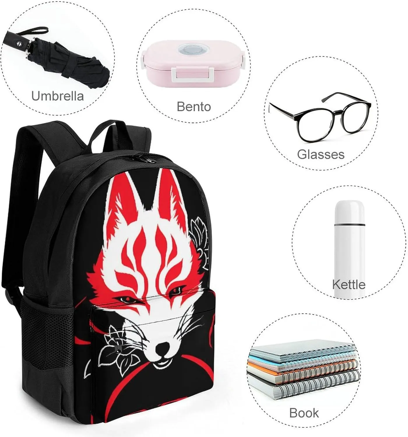 Men Women Lightweight Japanese Kitsune Mask Art Backpack Large Capacity Bookbag With Smooth Zippers for Gym Business Running