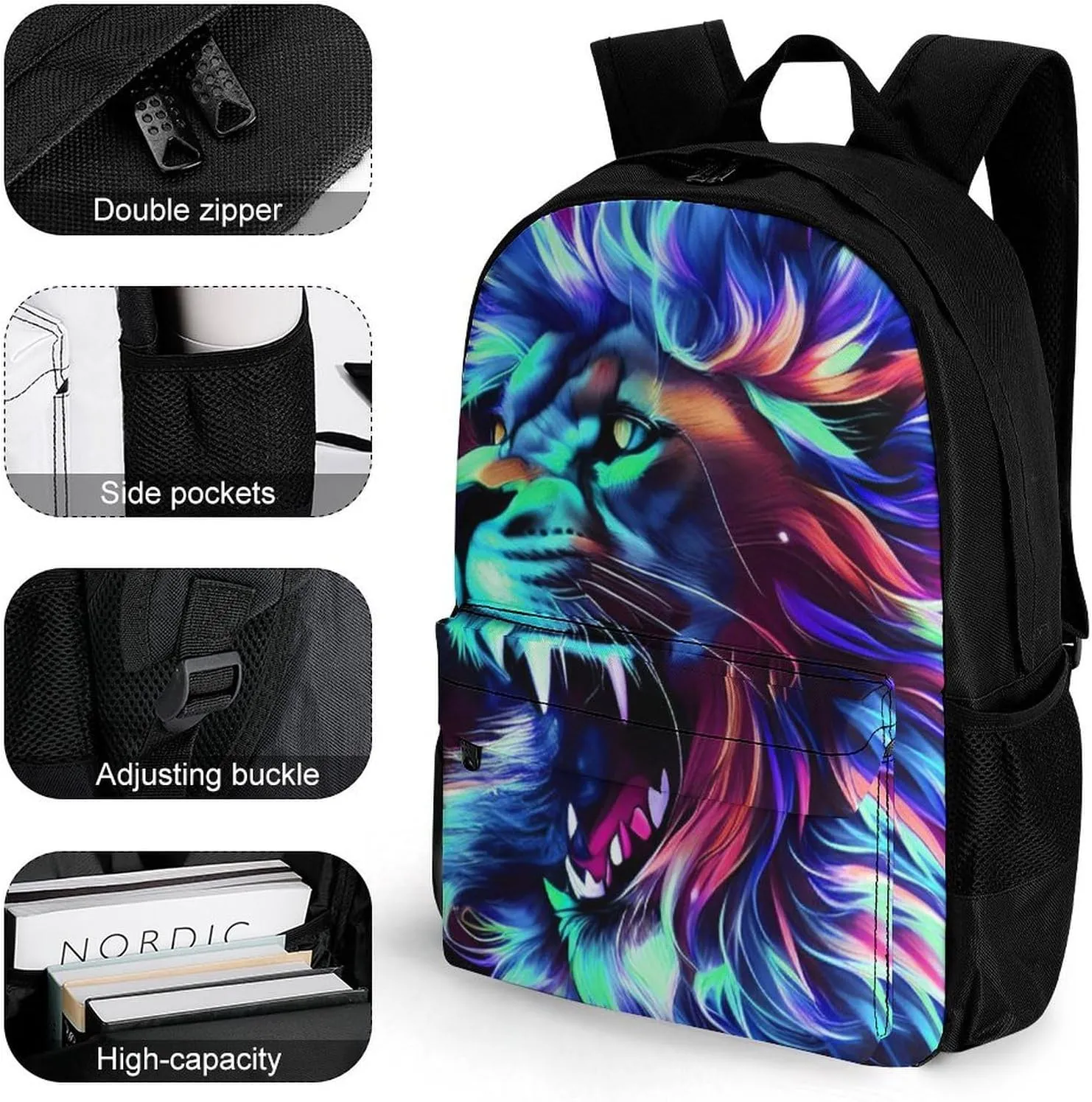 Men Women Lightweight Lion Howling Art Backpack Large Capacity Bookbag With Smooth Zippers for Gym Business Running