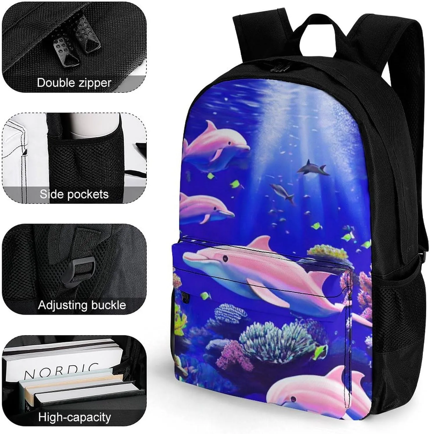 Men Women Lightweight Magical Underwater World Of Dolphins And Fish Art Backpack Large Capacity Carry On Bag With Padded Straps for Sports Work Walking Cycling