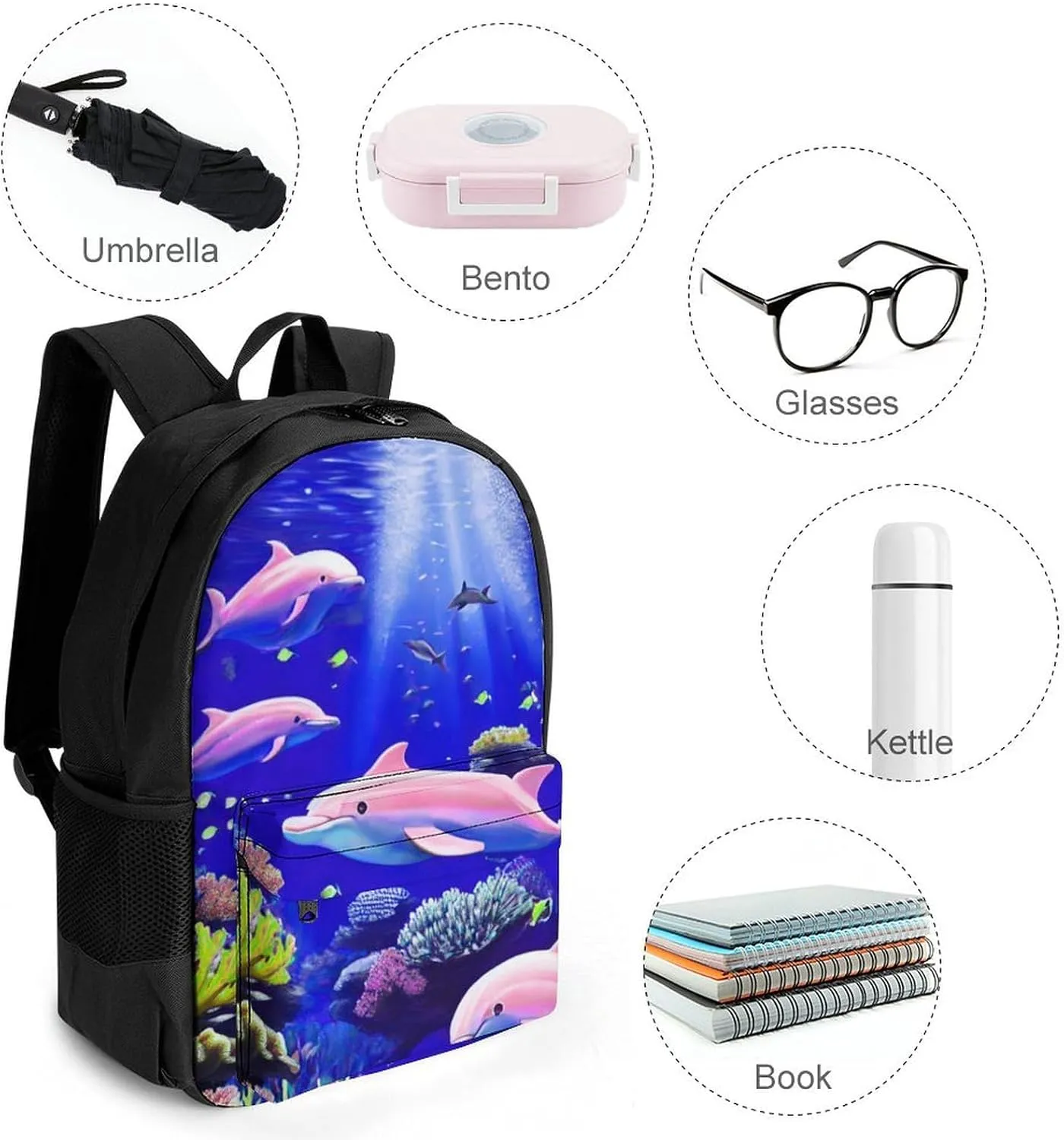 Men Women Lightweight Magical Underwater World Of Dolphins And Fish Art Backpack Large Capacity Carry On Bag With Padded Straps for Sports Work Walking Cycling