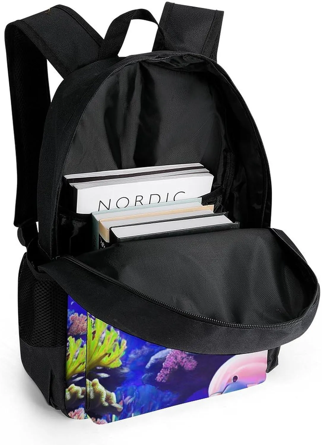 Men Women Lightweight Magical Underwater World Of Dolphins And Fish Art Backpack Large Capacity Carry On Bag With Padded Straps for Sports Work Walking Cycling
