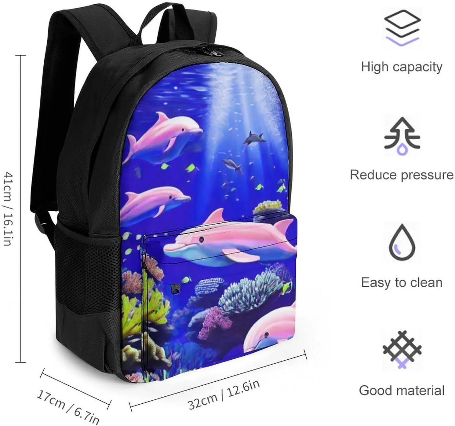 Men Women Lightweight Magical Underwater World Of Dolphins And Fish Art Backpack Large Capacity Carry On Bag With Padded Straps for Sports Work Walking Cycling