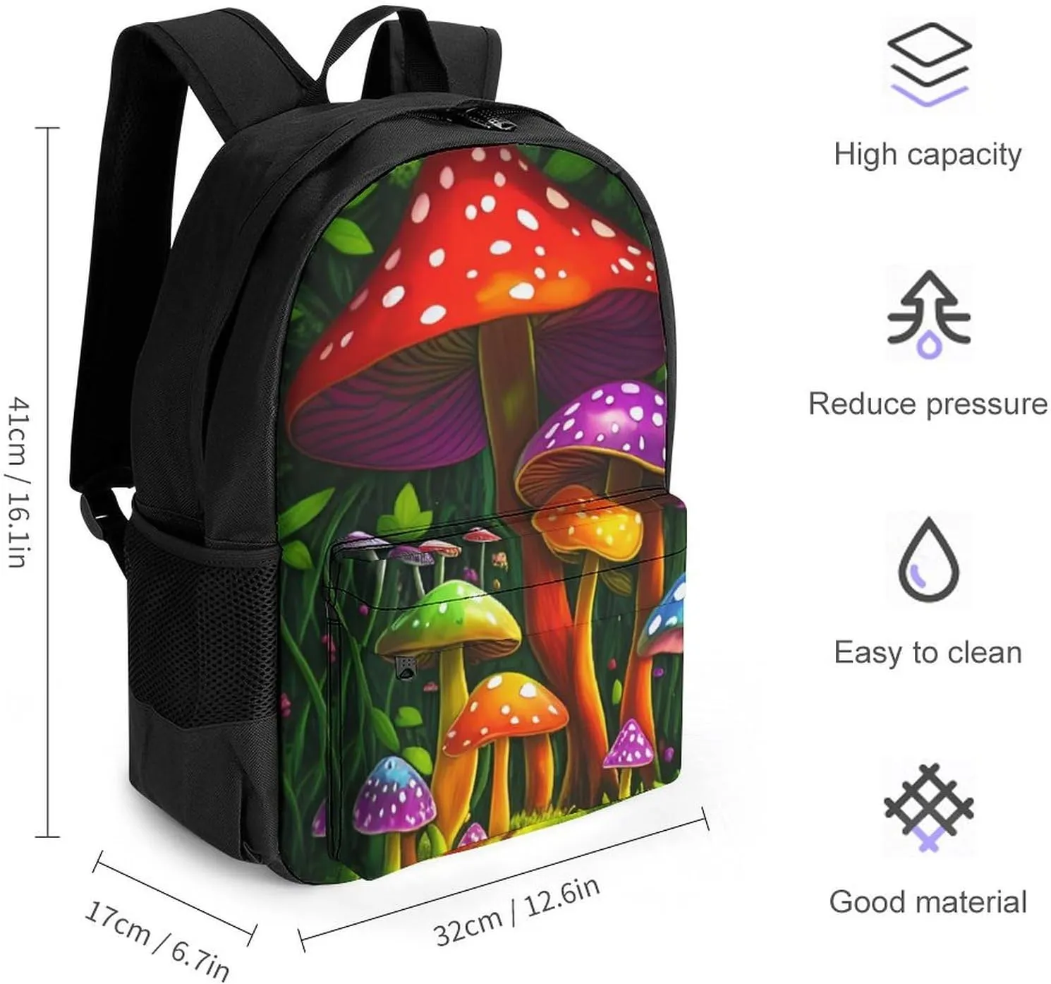 Men Women Lightweight Psychedelic Mushroom Fairytale Green Plants Spring Scenery Backpack Large Capacity Bookbag With Smooth Zippers for Gym Business Running