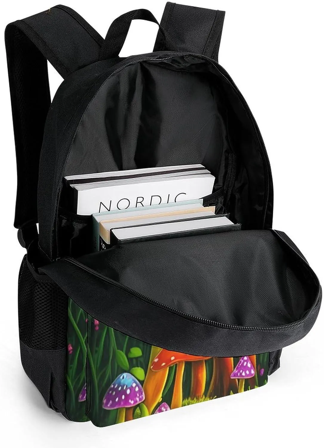 Men Women Lightweight Psychedelic Mushroom Fairytale Green Plants Spring Scenery Backpack Large Capacity Bookbag With Smooth Zippers for Gym Business Running