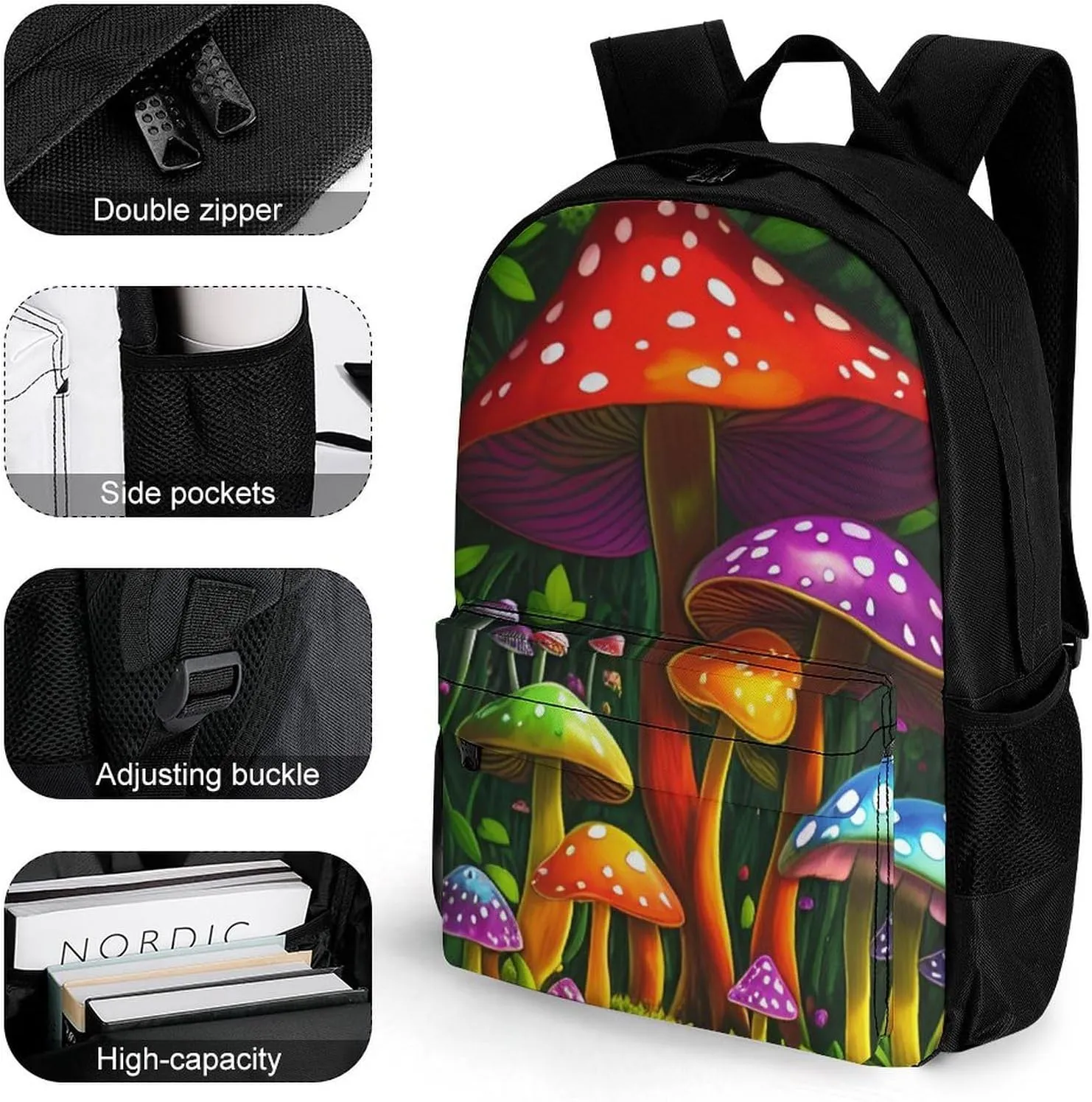 Men Women Lightweight Psychedelic Mushroom Fairytale Green Plants Spring Scenery Backpack Large Capacity Bookbag With Smooth Zippers for Gym Business Running