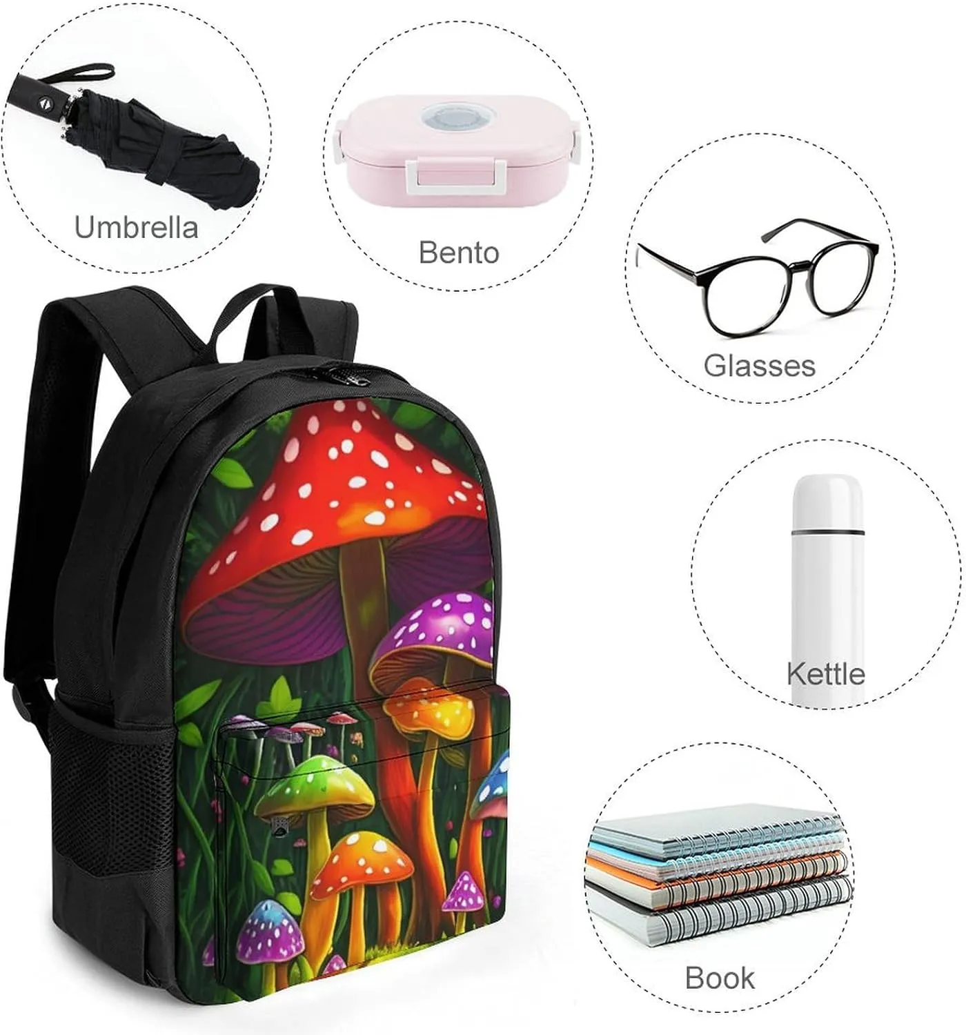 Men Women Lightweight Psychedelic Mushroom Fairytale Green Plants Spring Scenery Backpack Large Capacity Bookbag With Smooth Zippers for Gym Business Running