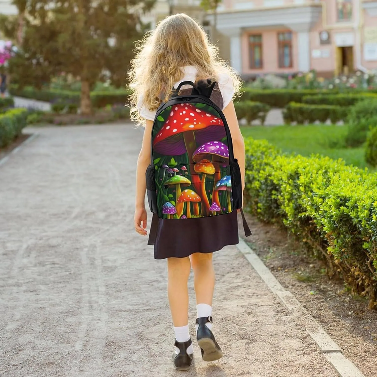 Men Women Lightweight Psychedelic Mushroom Fairytale Green Plants Spring Scenery Backpack Large Capacity Bookbag With Smooth Zippers for Gym Business Running