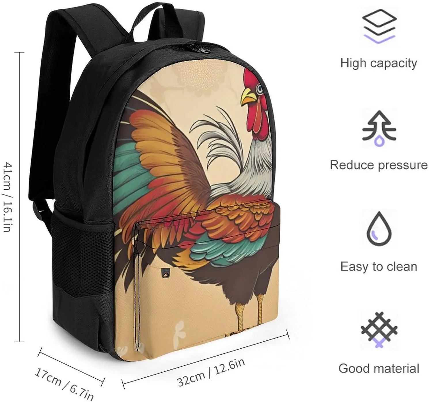 Men Women Lightweight Retro Rooster Art Backpack Large Capacity Bookbag With Smooth Zippers for Gym Business Running