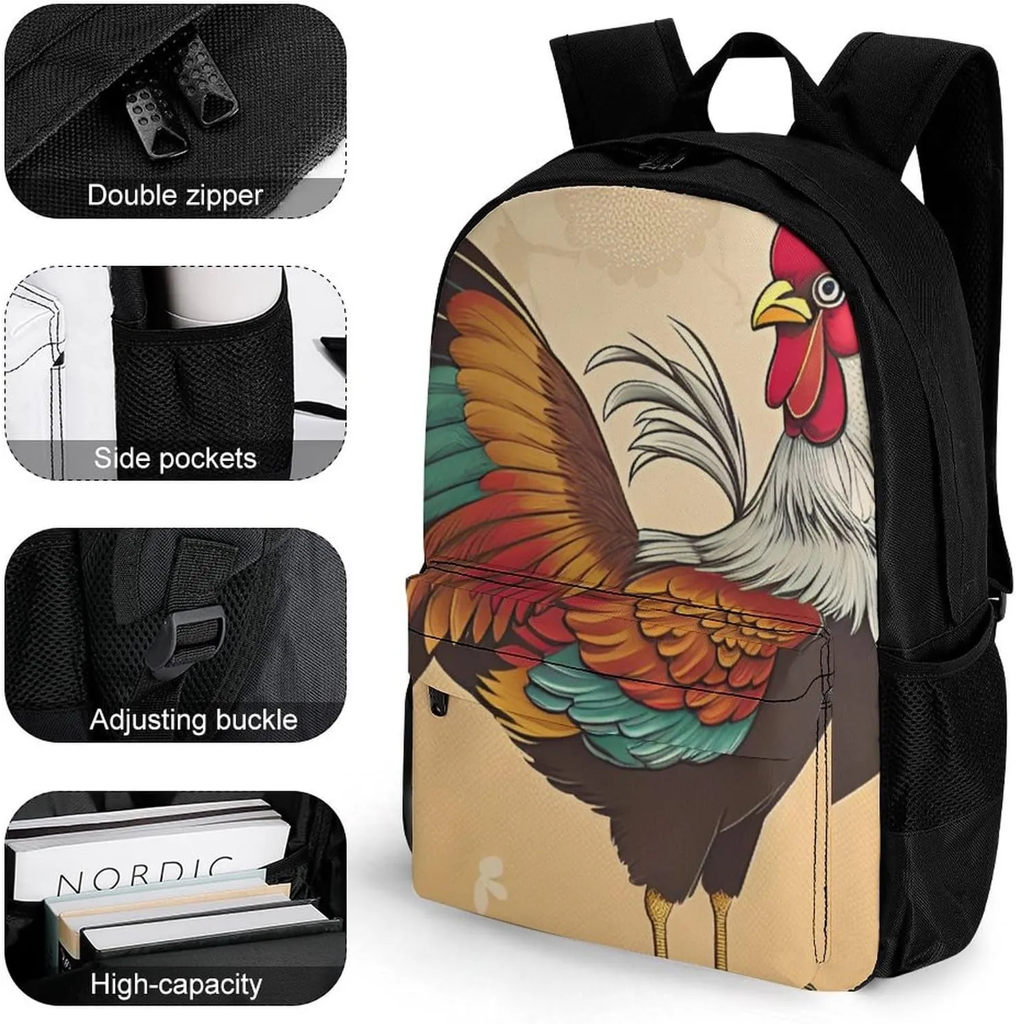 Men Women Lightweight Retro Rooster Art Backpack Large Capacity Bookbag With Smooth Zippers for Gym Business Running