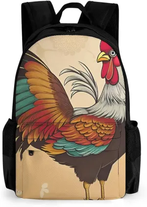 Men Women Lightweight Retro Rooster Art Backpack Large Capacity Bookbag With Smooth Zippers for Gym Business Running