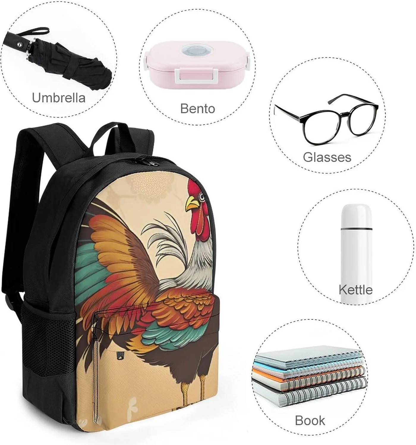 Men Women Lightweight Retro Rooster Art Backpack Large Capacity Bookbag With Smooth Zippers for Gym Business Running